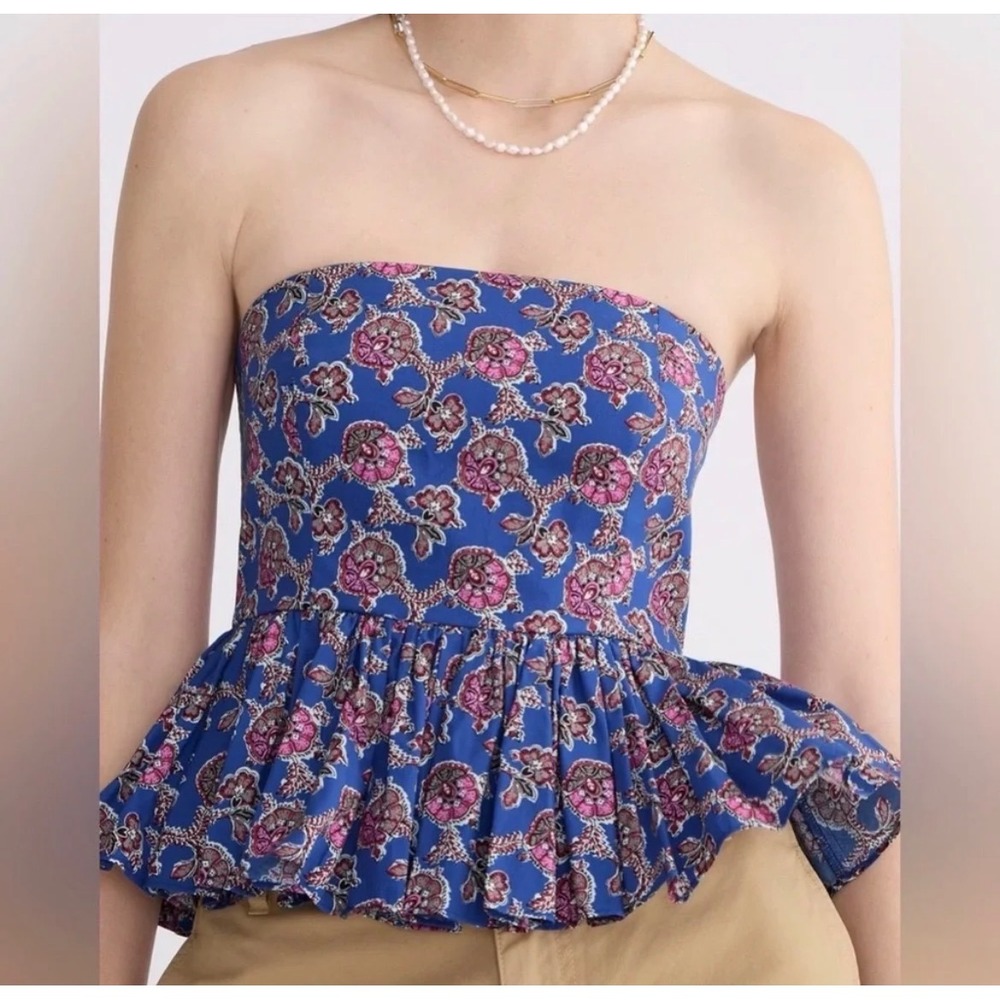 J.Crew Collection Blue Floral Paisley Peplum Strapless Tube Top Sizr 6 Cotton